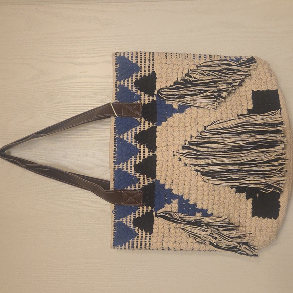 Handcrafted Blue cotton jacquard tote bag with faux leather 